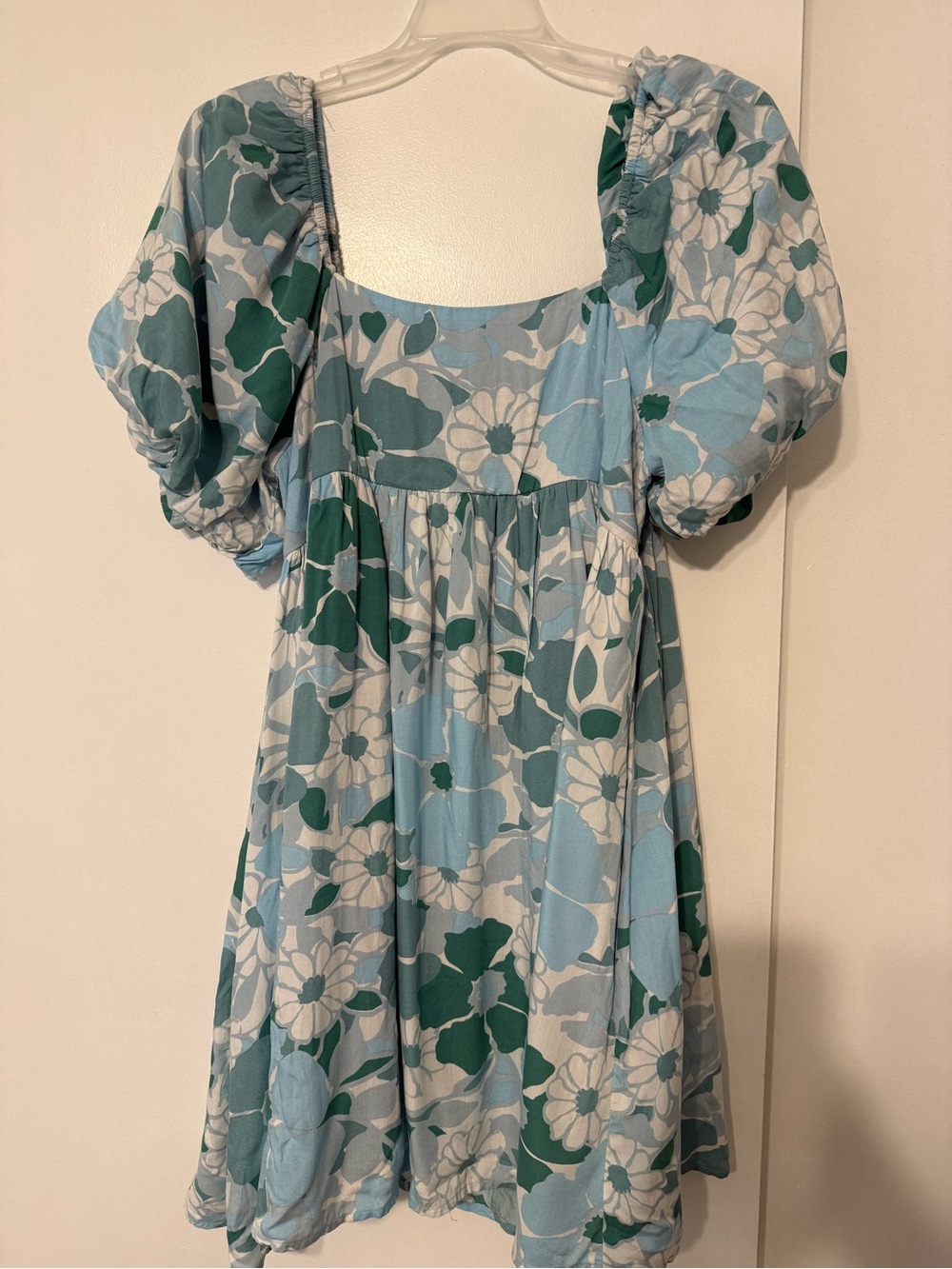 Sky Blue Floral Puff Sleeve Mini Dress
